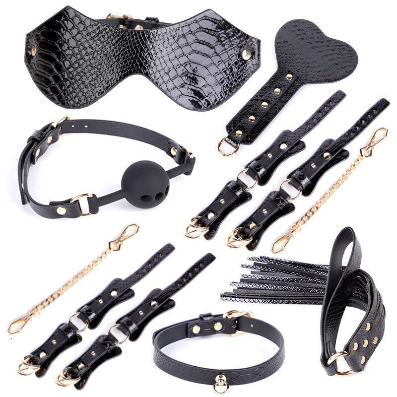 Crocodile Pattern SM Prop 7-Piece Set Couple Binding and Binding Set PU Leather Whip Handcuffs Collar SM Supplies Hair Replacement