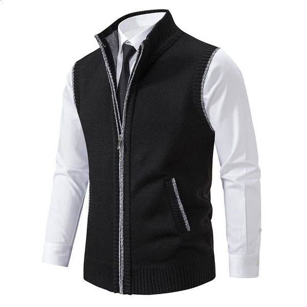 Autumn Winter Knit Vests Men Stand Collar Solid Color Knitted Sleeveless Sweatercoat Man Zipper Vest Cardigan Knitting Waistcoat 241228