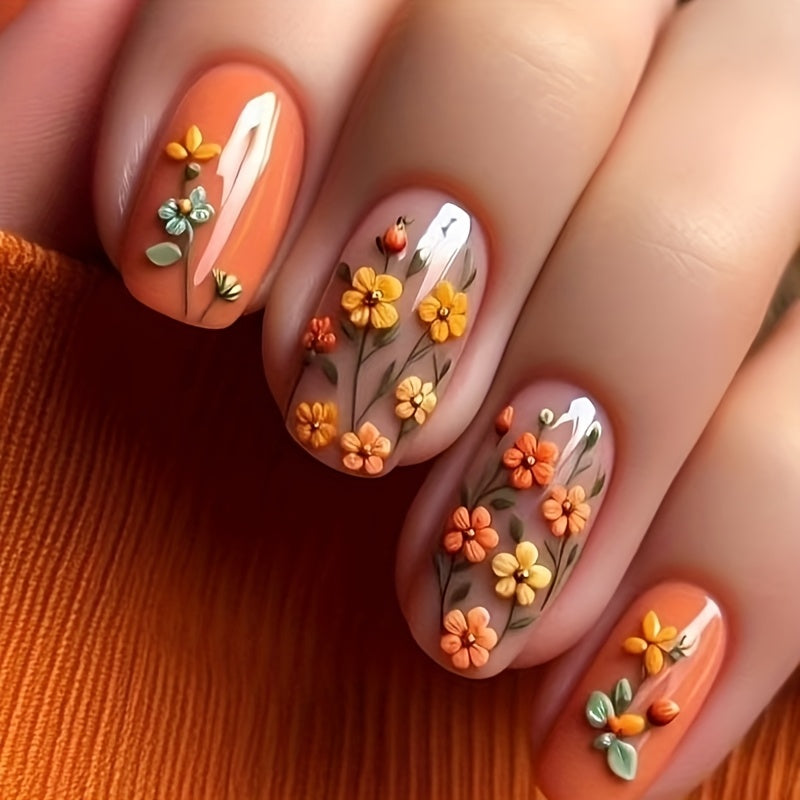 TEMU 24pcs Press-on Nails Set For Women, Glossy Finish, 3d Embossed With Yellow & Orange Leaves, Square Shape, Medium Length, Includes Jelly Glue &