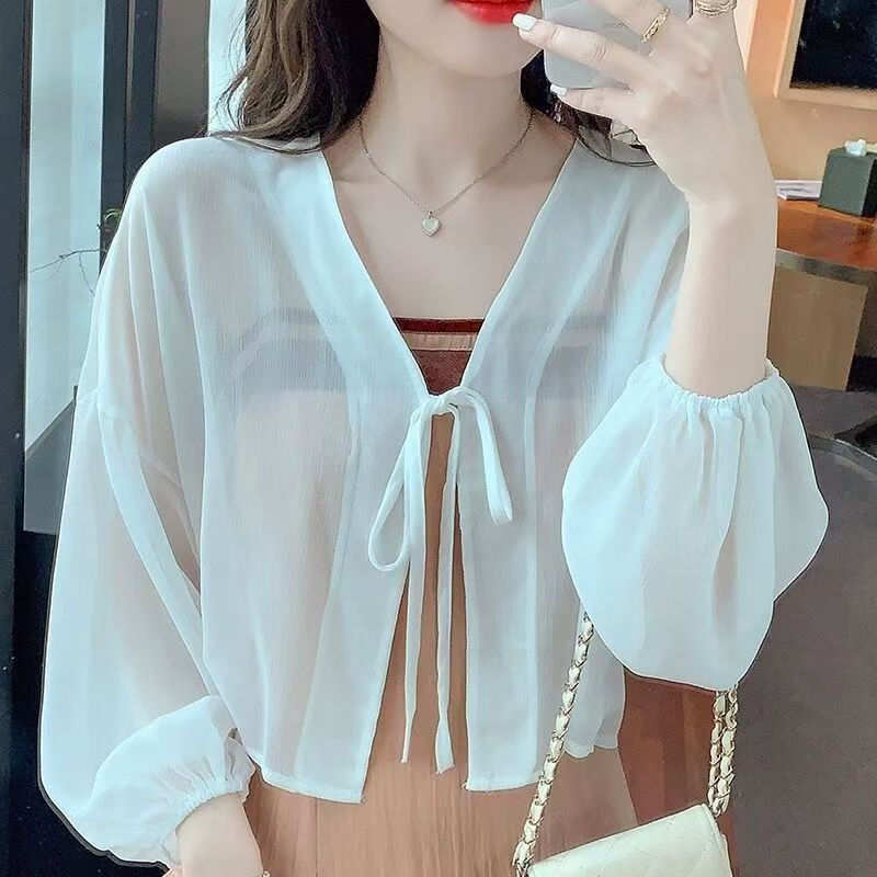 K1145 Chiffon sunscreen cardigan outerwear for women summer new style with suspender skirt small shawl blouse waistcoat short top