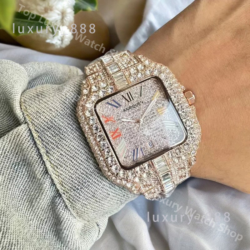 Trendy Luxury Full Diamonds Watch for Men Quartz Movement Automatic Date Steel Strap Daily Water Resistant Classic Square Wristwatch Male Clock