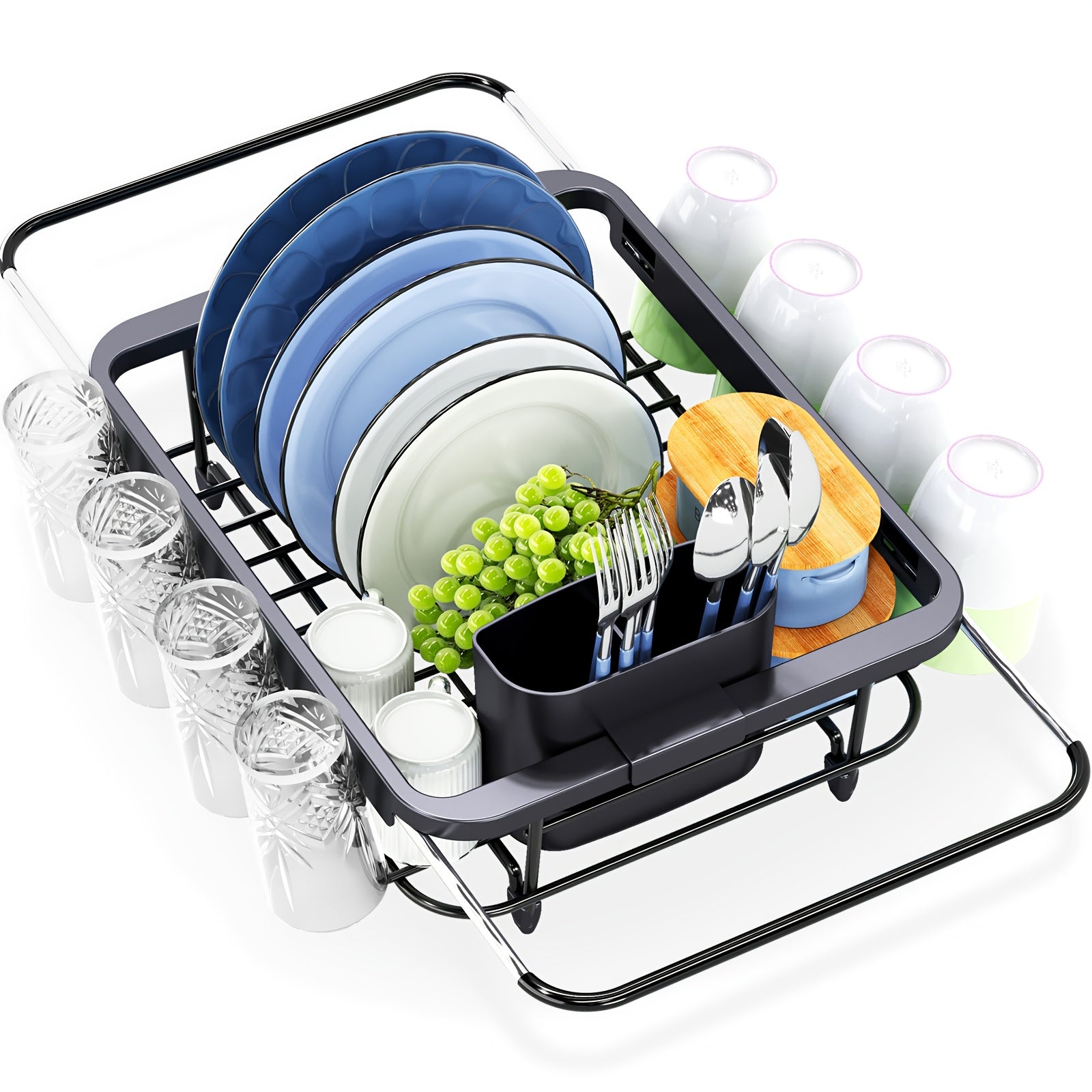 TEMU Kingrack Expandable Dish Rack With Utensil Holder, Adjustable Over-the-sink Or Countertop Design, Rustproof Metal Kitchen Organizer For Plates,