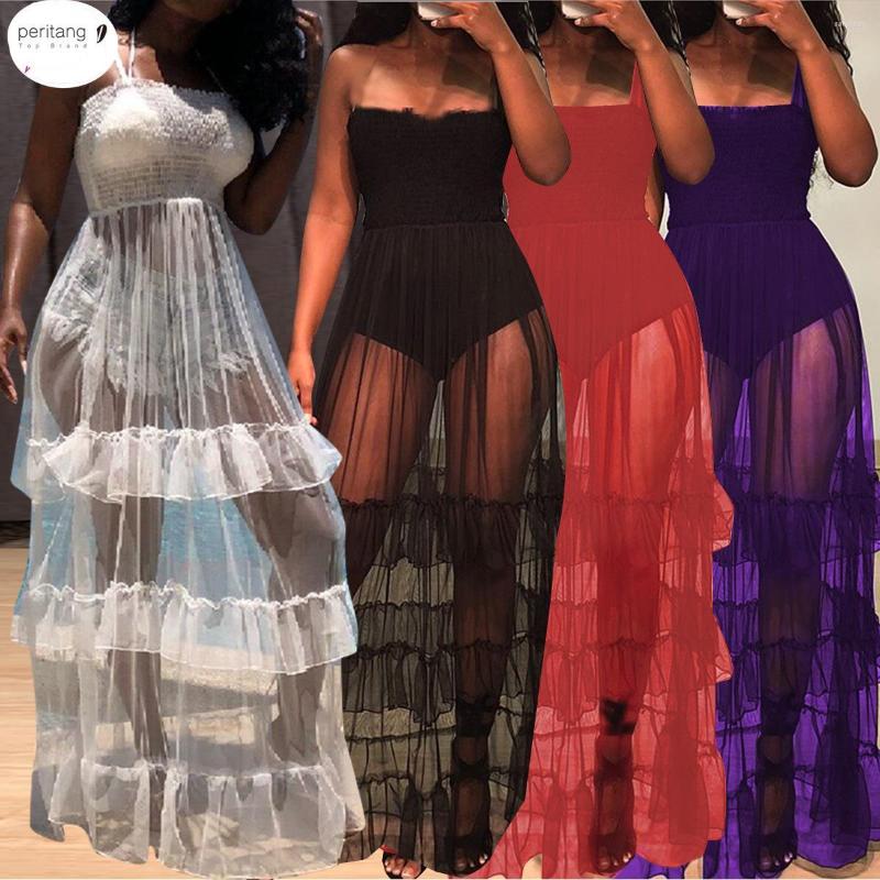 Casual Dresses Women Mesh Sheer Lace Tutu Long Maxi Dress Ladies Sundress Summer Vestidos Perspective Ruched Swing-type Sleeveless