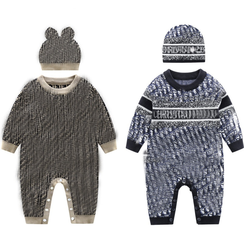In stock 100%cotton newborn kids Rompers hat baby Boys girls Fashion designer print Long sleeve jumpsuit