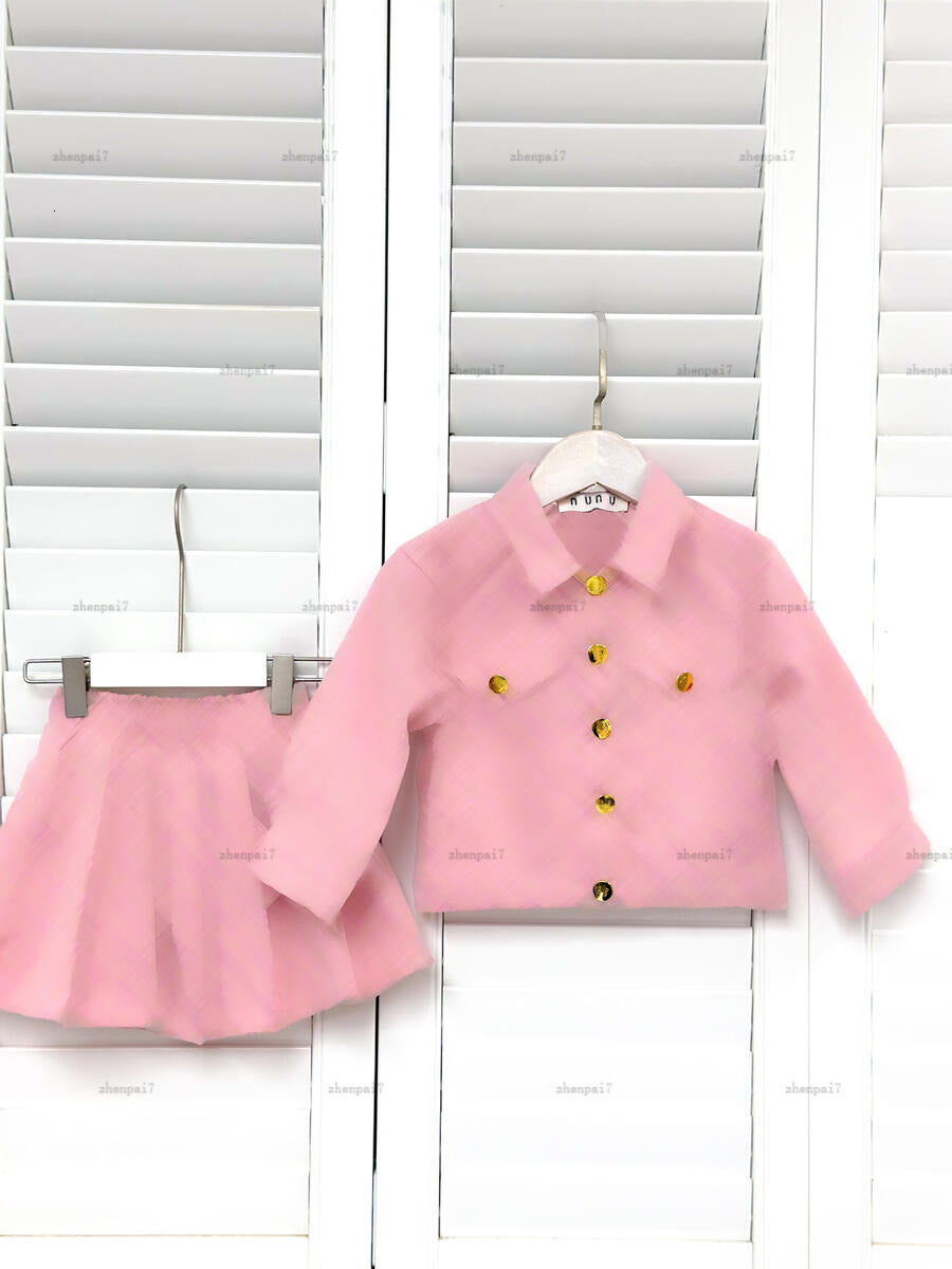 Top girls dress suit Autumn baby overskirt kids designer clothes Cute pink denim fabric Long-sleeved jacket and skirts A079X03N033