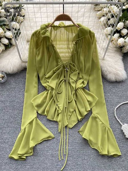 Women&#039;s Blouses Shirts Singreiny pleated solid chiffon shirt summer womens flame sleeves V-neck brushed fashionable womens casual elega