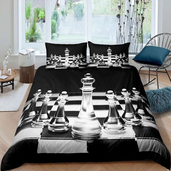 Chess Board Duvet 3D Funny Game Bedding Set Black White Check Print Comforter King Queen Size Polyester Quilt Cover