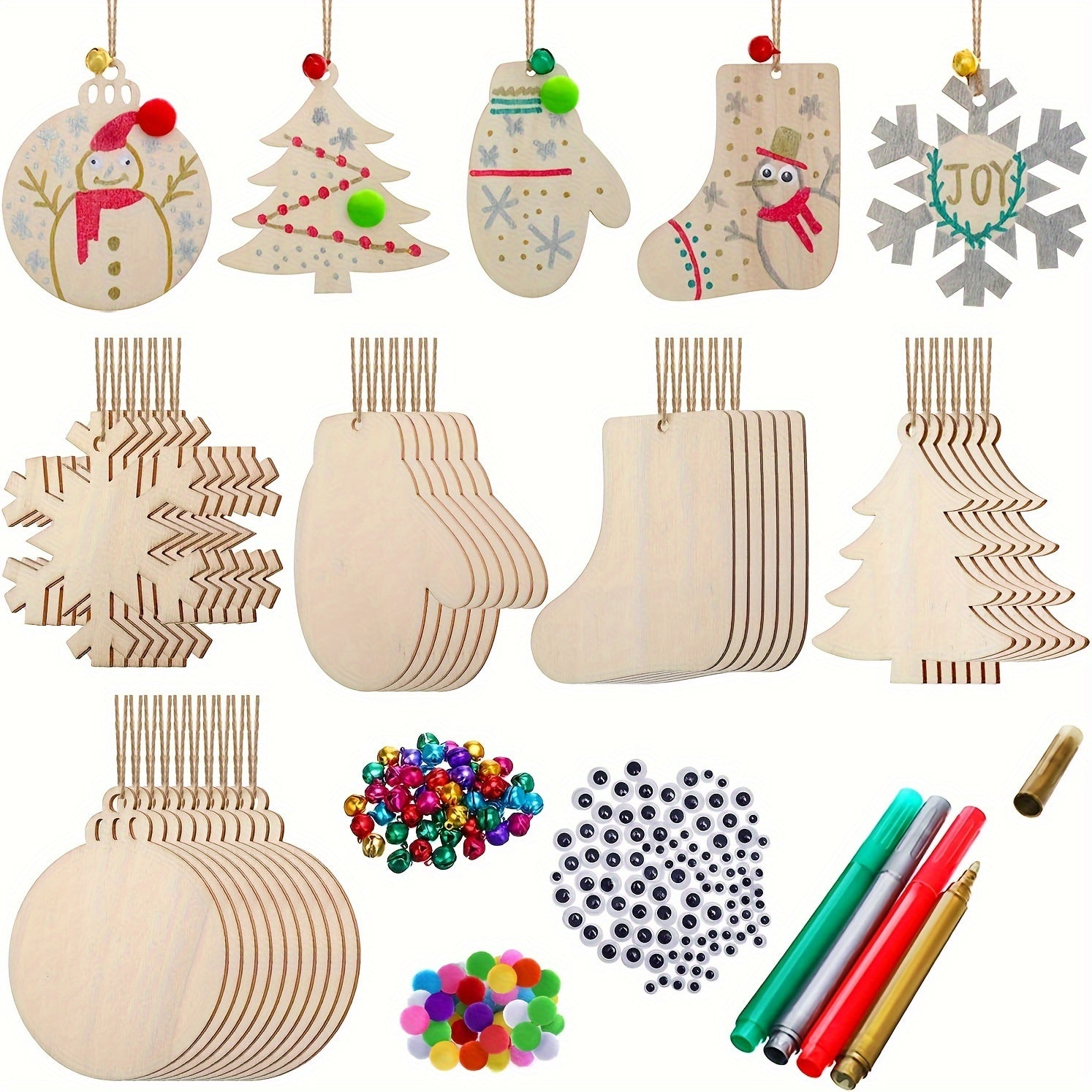 TEMU 254pcs Diy Wooden Christmas Ornament Crafting Kit - Unfinished Wood Decorations With Bells, Wiggle Eyes, Marking Pens & More For Tree Hanging ,