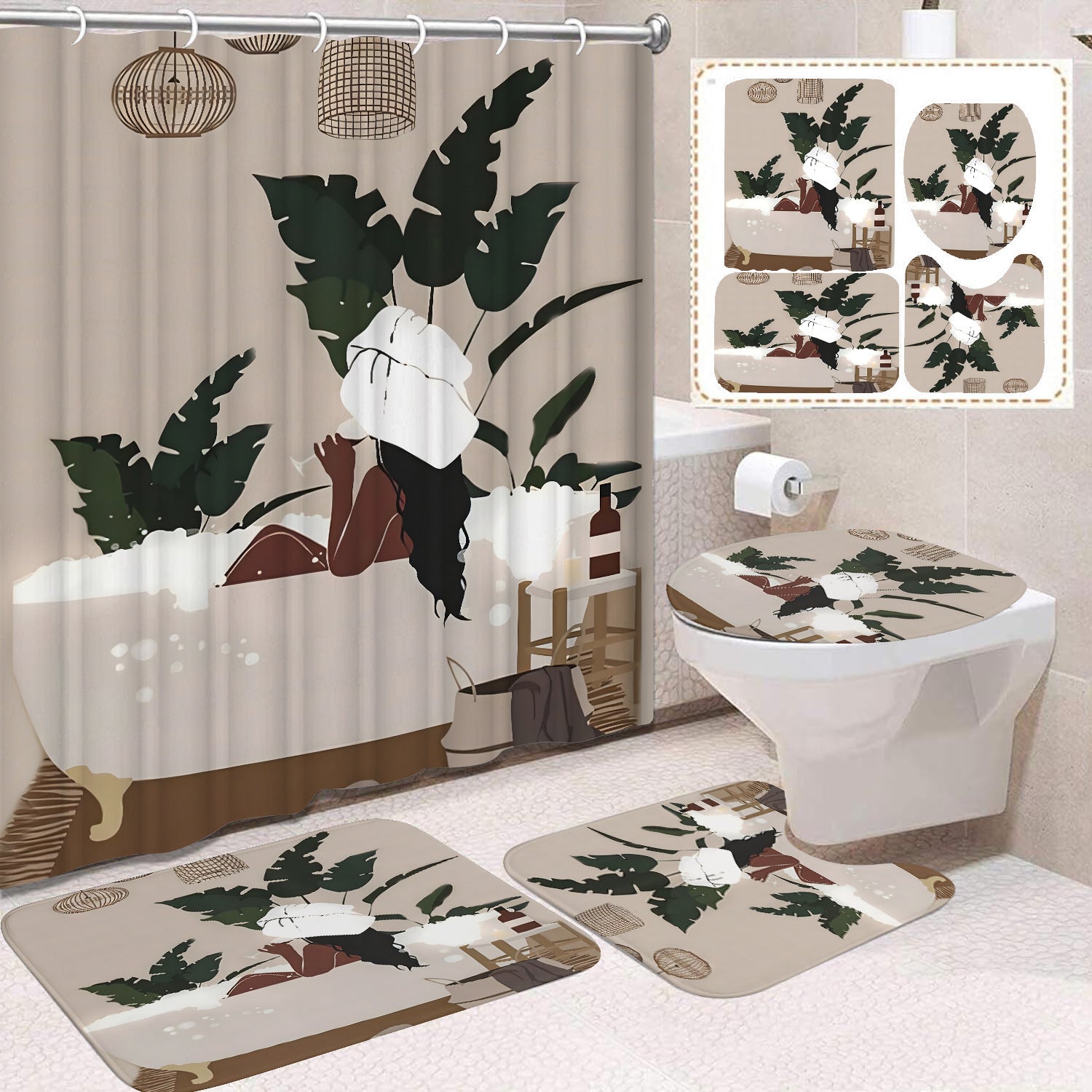 YL-37489 Shower Curtain African Girl Home Bathroom Decoration Curtain Toilet Floor Mat Toilet Non-slip Floor Mat