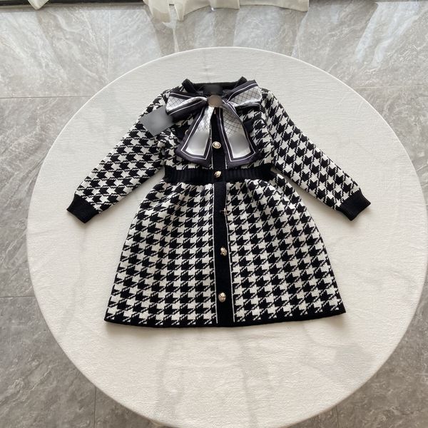 Lady style children knitting dresses girls Bow Tie houndstooth long sleeve dress 2024 autumn kids princess clothes S2085