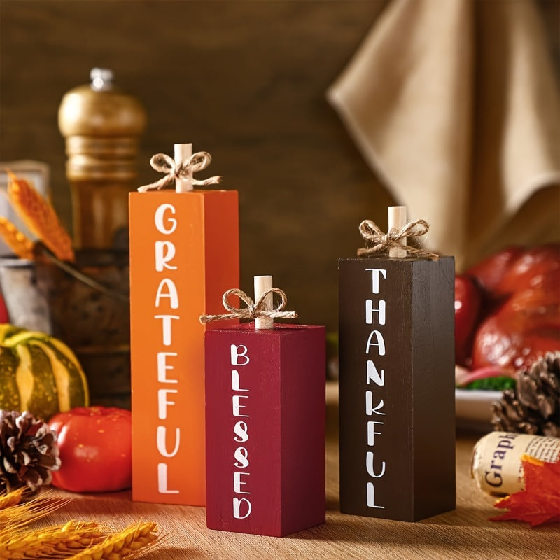 TEMU 3pcs Rustic Farmhouse Wooden Fall Tiered Tray Decor - Thanksgiving Harvest Tabletop Centerpieces With Grateful, Blessed, Thankful Signs,