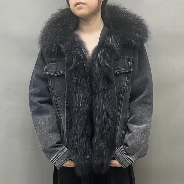 Real Fox Fur Collar Denim Jacket Fashion Streetwear Natural Coats Lady Outerwear Full Sleeve 241216