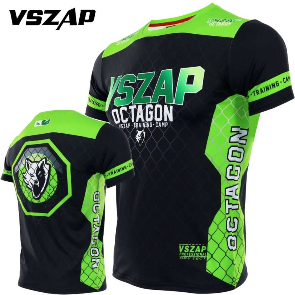 VSZAP Striped Leisure Quick-dry T-shirt Muay Thai Short-sleeved Men&#039;s MMA Gymnastics Fighting Training Suit