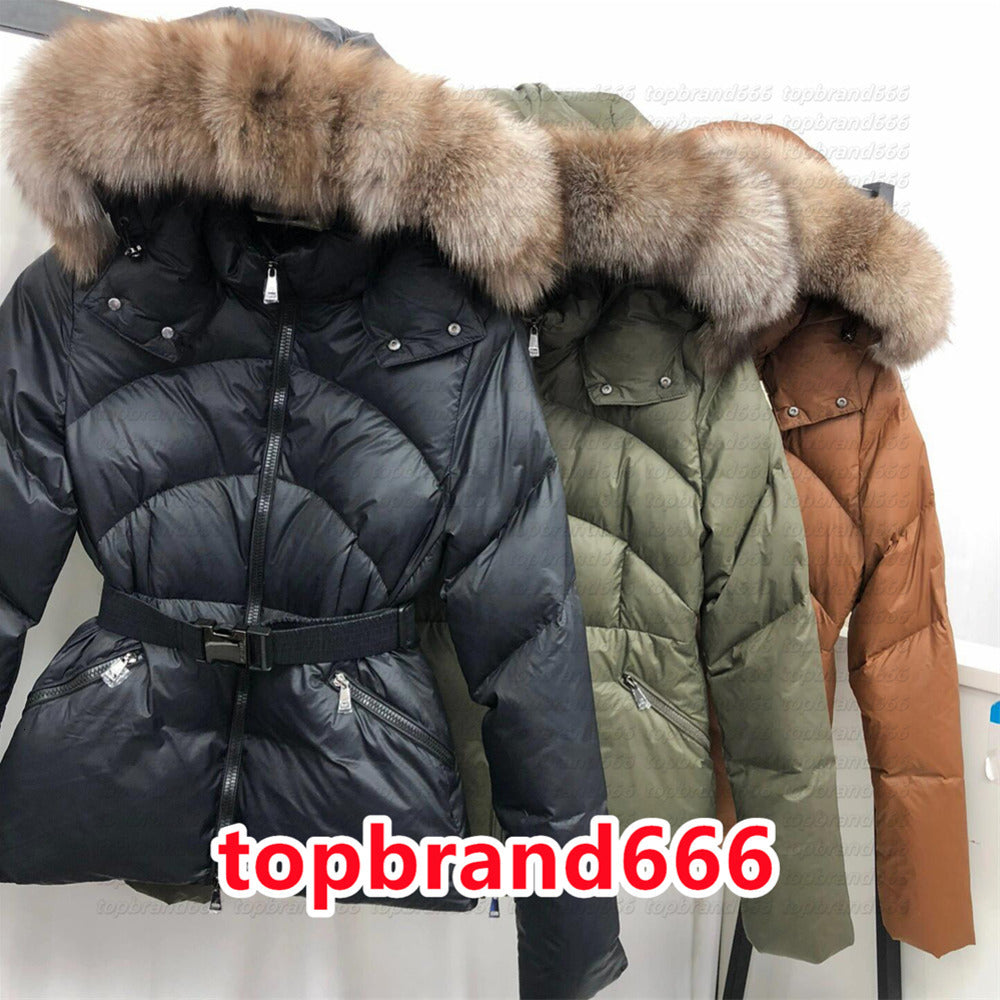 Womens Down Jacket Winter Jackets Coats Real raccoon hair collar Warm Fashion Parkas With Belt Lady cotton Coat Outerwear Big Pocket