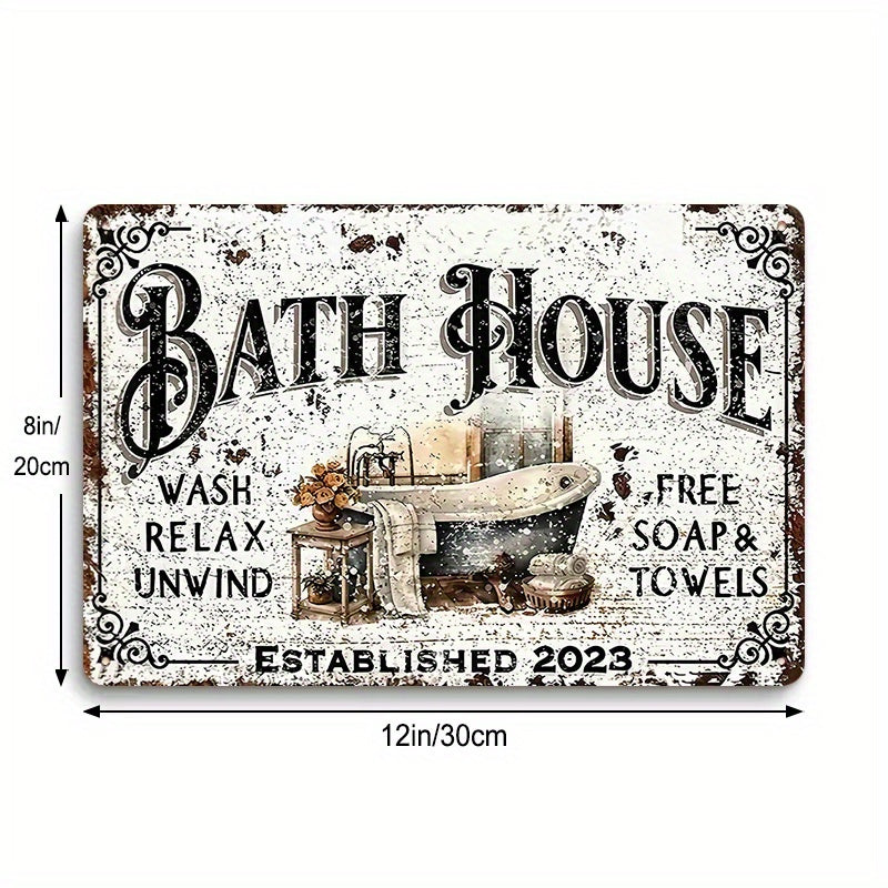 TEMU Vintage Tin Sign - Rustic Metal Wall Decor With Design, Free Soap & Towels Advertisement, Distressed White Background, Spa And Bathroom, 8x12