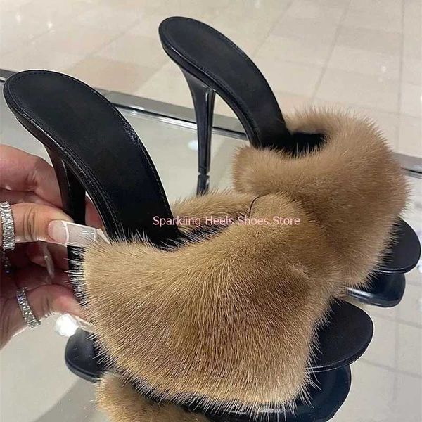 Gracef Mink Hair Ring Slim High Saltos altos com slider externo fem de alta qualidade Black Blue Blue Casual MES Shoes Y241209