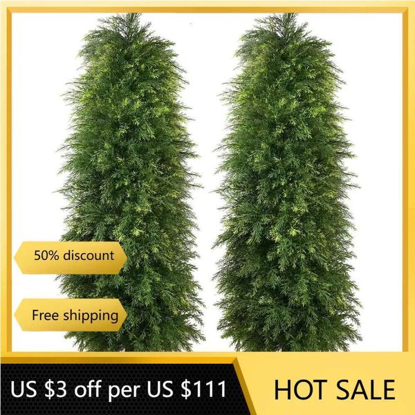 2 Pack 5Ft Cedar Tary Trees, Artificial Shrubs Fake Uv Rated Potted Plants For Outdoor, Indoor, Front Door