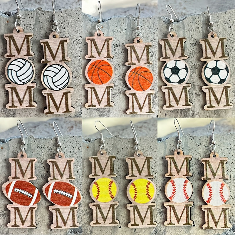 TEMU 6 Pairs-set Mom Baseball- Volleyball- Soccer- Football- Basketball Decor Dangle Earrings Simple Sporty Style Wooden Jewelry Gift For Mother And