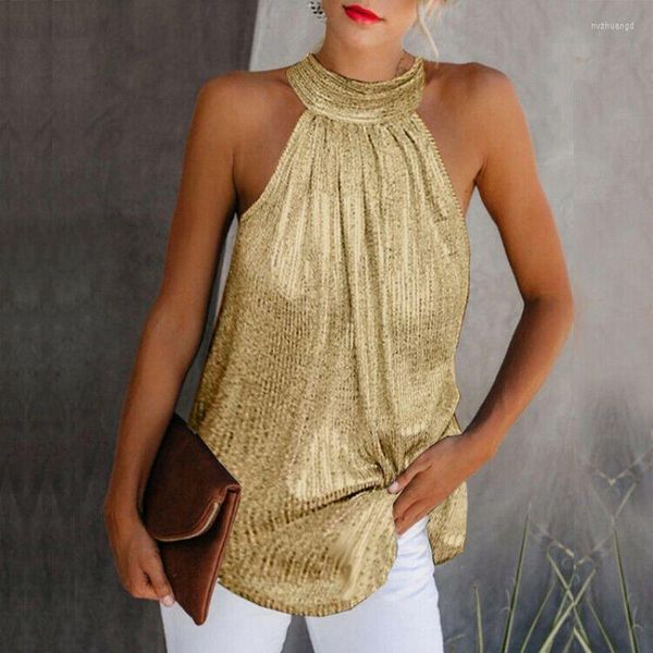 Women&#039;s Blouses Women Gold Blouse 2023 Fashion High Neck Sleeveless Hatler Tank Top Vest Summer Casual Loose ShiSummer Female