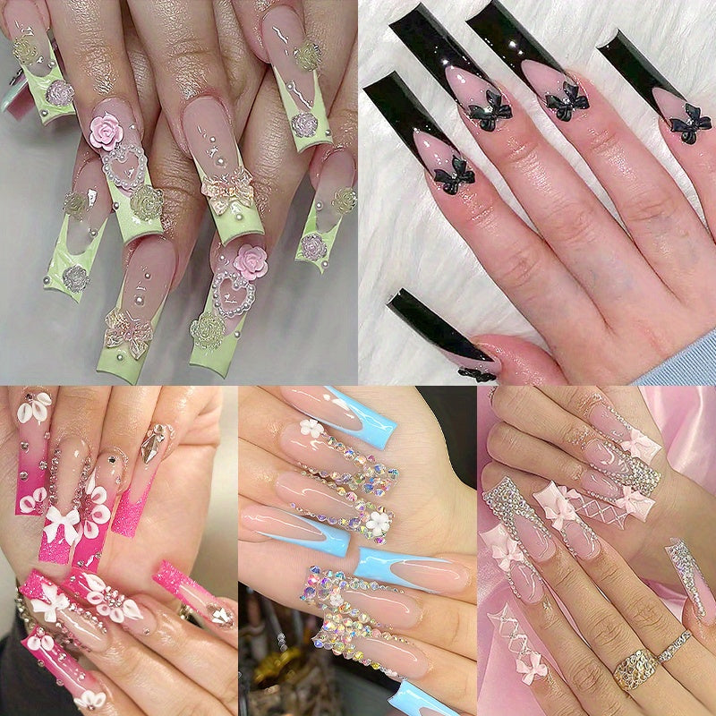 TEMU 5pcs Luxury 3d Press On Nails - Ultra-long Square Fake Nails With Floral & Designs, Nude & Black Glossy False Nails For Women & S (120pcs Full