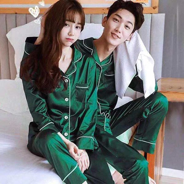 Sleepwear Couple Silk Satin Solid Color Pajama Sets Long Button-Down Pijama Plus Size Home Clothes Pyjamas Women Men LoungewearXJ241227