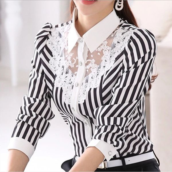Lace Sheer Mesh Patchwork Office Elegant Chic Blouse White Black Striped Shirt Oversized Button Up Shirts Ladies Tops Women C454 250120