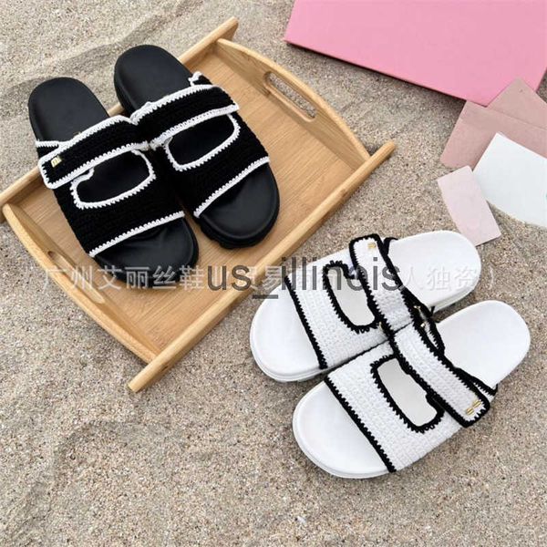 Slippers Home Color blocked Woven One Word Slippers for Women Summer Outerwear New Thick Bottom Non slip Leather Cool Slippers for Women J24