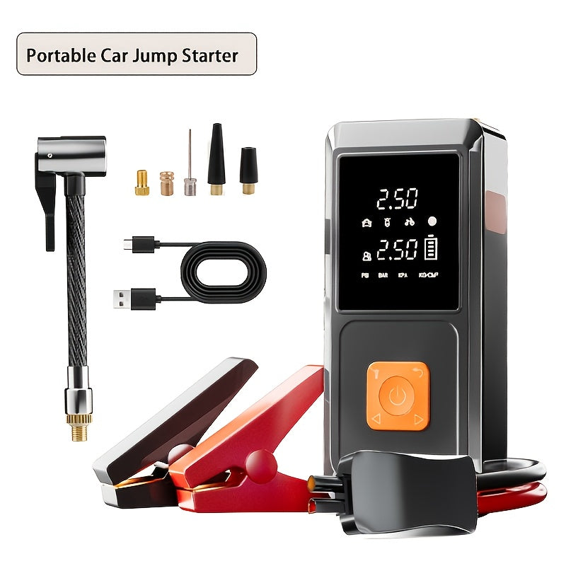 TEMU Car Jump Starter Power Supply 6000a With 150psi Tire Inflation Pump 5in 1: Led Screen Display Battery Charging Usb Fast Charging Led Lighting