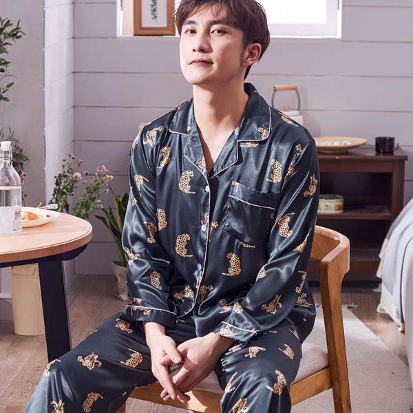 Pamas Men Summer Ice Silk Long Sleeves Leisure Thin Style Sleepwear Teenagers Spring Autumn Home Clothing Nightgown Suit H5600