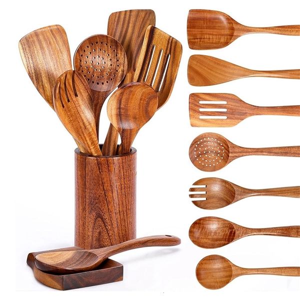 9 wooden spoons for cooking cooking wooden utensils with cutlery rack teak kitchen utensil set 241118ww