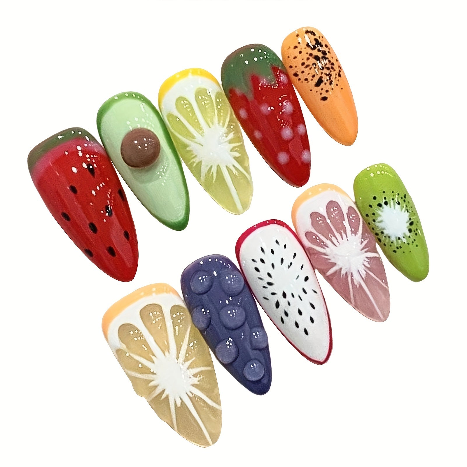 TEMU 10pcs 3d Fruit Pattern Long Almond-shaped Artificial Nails - Vibrant Mixed Colors, Glossy , & Comfortable Fake Nails For Women And Girls, Home
