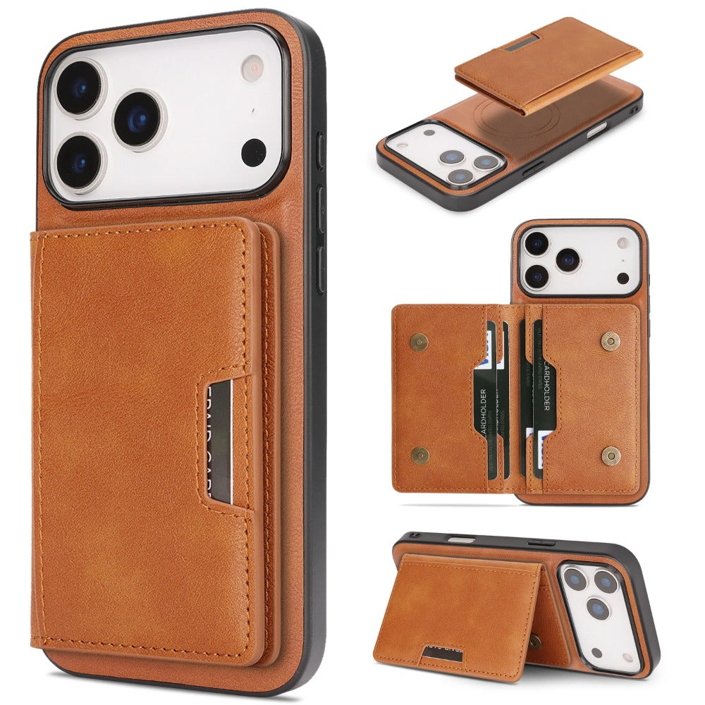 Strong Magnetic leather card holder+leather phone case+kickstand for iphone 17 17 Air 17 Pro Max 16 15 Plus pro Max