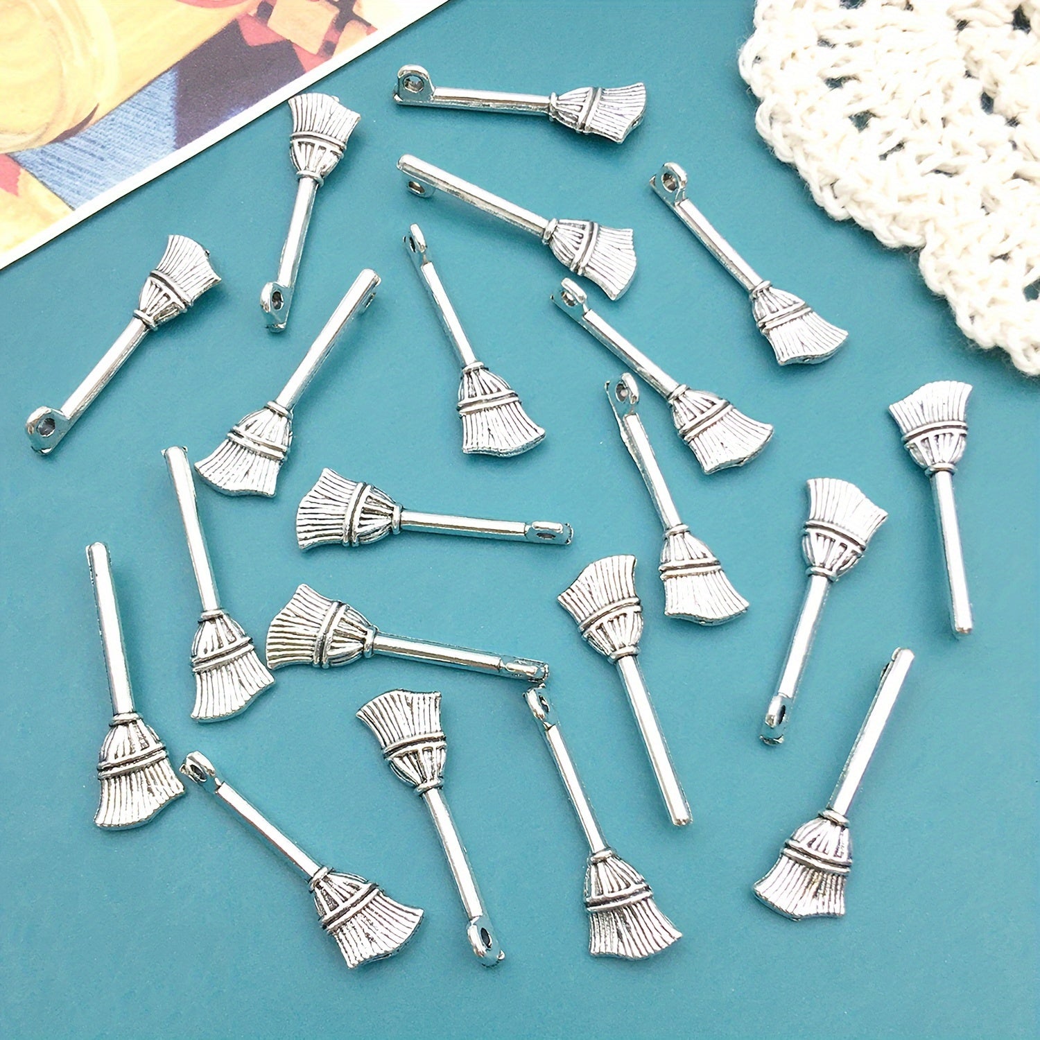 TEMU 20pcs Antique Silvery Broom Charms, Alloy Pendants For Making, Halloween Festival Decorations, Party Theme Accessories