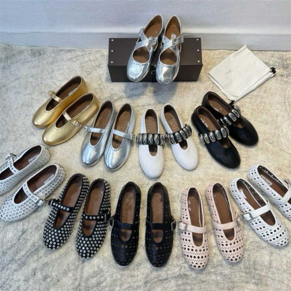 designer- shoes 2025 New Leather Round Head Water Diamond Mary Jane Ballet Shoes Womens Woven Hollow Flat Dancing Single