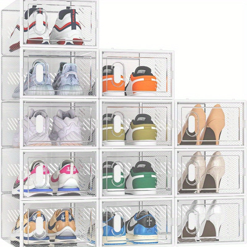 TEMU 12pcs Clear Plastic Shoe Organizer Boxes With Lids - Stackable, Transparent Storage Containers For Sneakers, Casual - Ideal For Closet