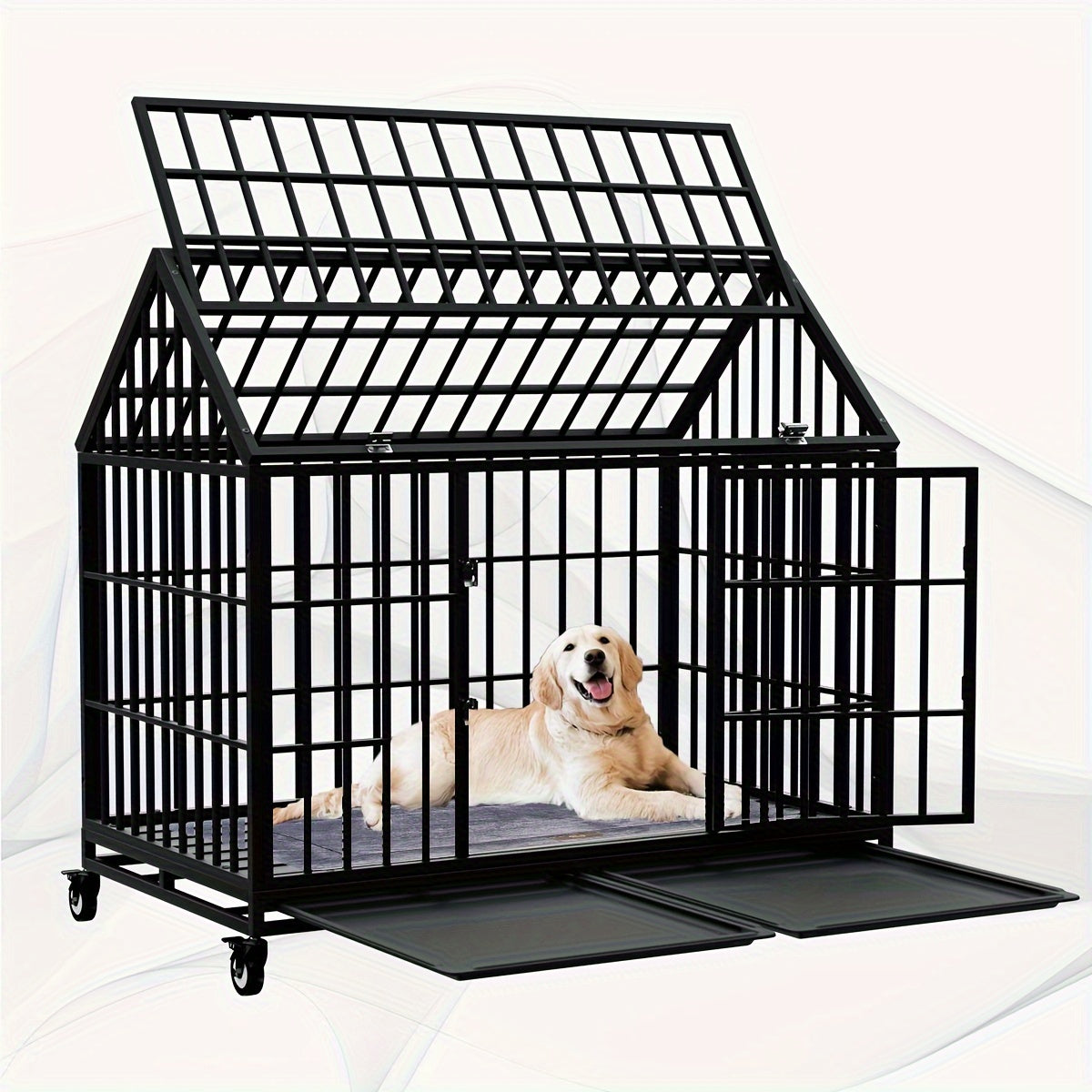 TEMU 54-48 Inch Heavy Duty Metal Dog Crate For Large Dogs - Extra Large Kennel Cage With Locking Doors, Removable Trays & Wheels, Spacious Interior,