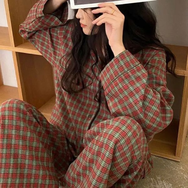 Ladies Pajamas Suit 2XL Plus Size Longsleeved Trousers Sleepwear Womens Home Nightwear Lapel Button Plaid for Girl 2 Piece Set 250106