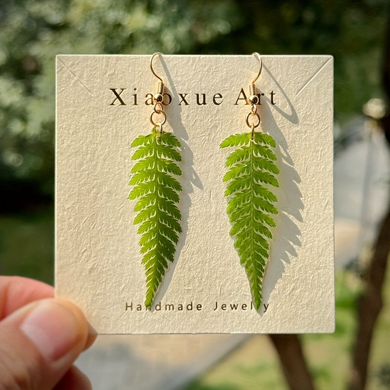 TEMU Handmade Green Leaf Resin Earrings – Elegant & Cute , Golden-tone Hooks, Casual Attire Or Gift , Giftready Accessory | Elegant Design | Resin