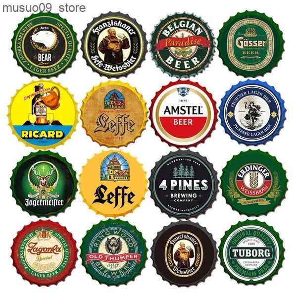 Decorative Plates Beer Bottle Cap Tin Sign Vintage Round Crafts ic Wine Beer Decorative Plate Bar Garage Wall Signs Decor Print Plaques L240