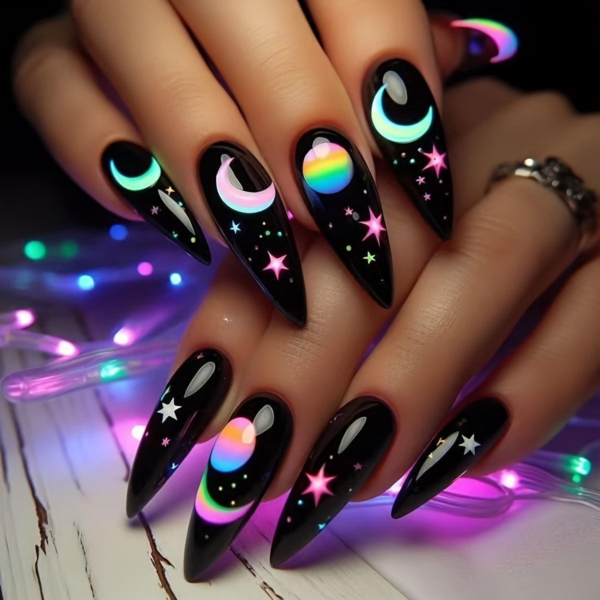 TEMU 24pcs Press-on Nails Almond Shape Medium Length - Black Glossy Night With Neon Stars, & Planets | -remove Reusable Fake Nails For Holidays, New