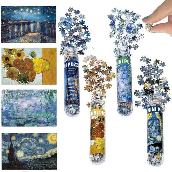 Puzzles 4 Pack Mini Jigs Puzzles 150 Pieces for Adults Challenging Starry Night Rhone River Sunflower 10*15cm Monet Van Gogh Painting