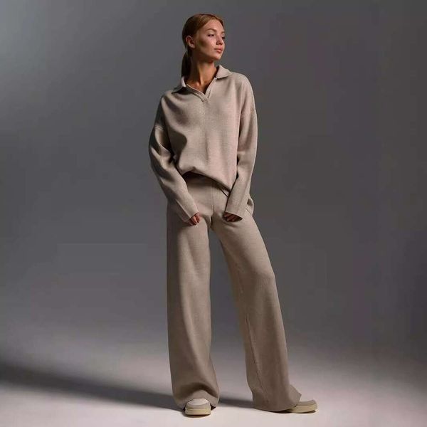 Solid color collar sweater set, knitted sweater+straight wide leg pants two-piece set