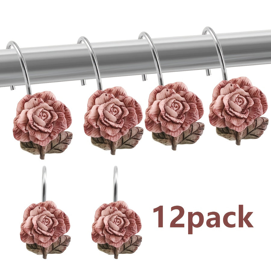 TEMU 12pcs Rustproof Cast Resin Shower Curtain Hooks - With & Leaves, High Quality Bathroom & Living Room Decor, Durable Metal Hooks For Shower