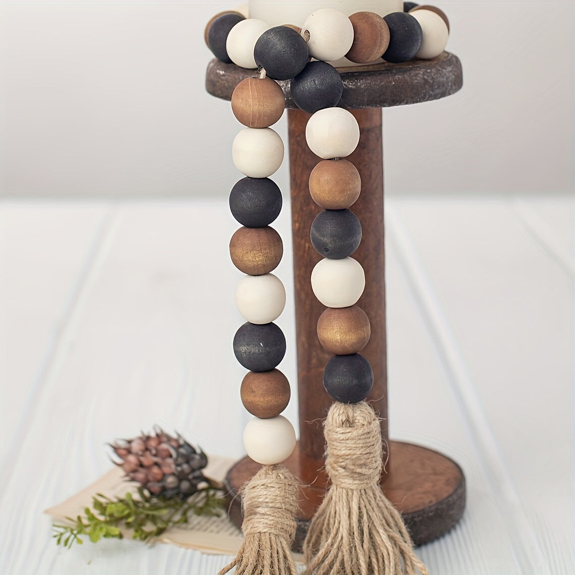 TEMU Rustic Bohemian Bead Tassel Wreath - Earthy Wood Beads For Shelves, Mantel And Tabletop Decorations - Farmhouse Home Decorations, Shelf