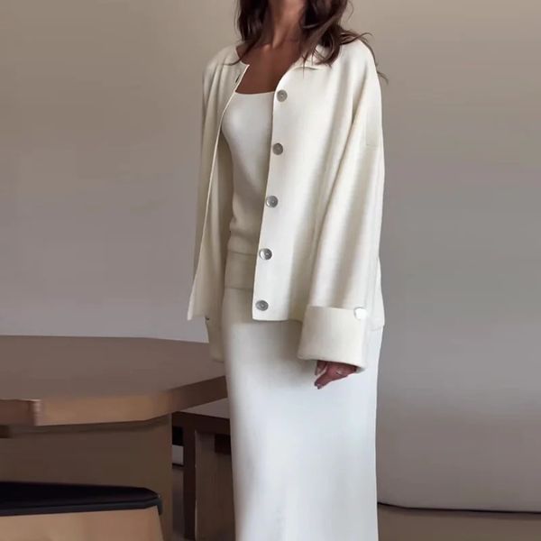 2025 Fashionable Womens Clothing Solid Color Knitted CardiganDress Elegant 2-Piece Sets for Women 250122