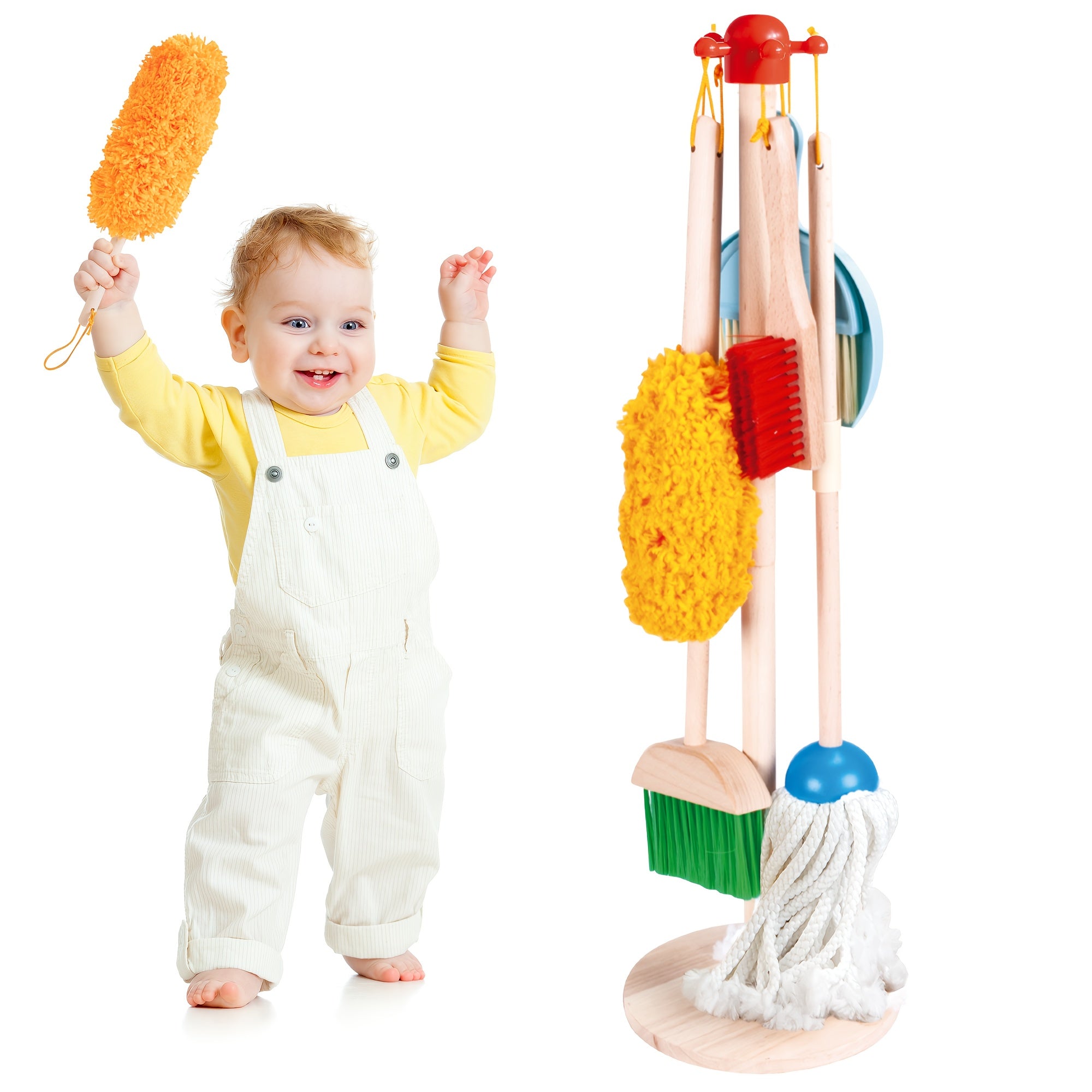 TEMU 8pcs Wooden Housekeeping Pretend Play Set For Kids, Extended Mop&broom, Detachable Toy Cleaning Set, Housework Role Play Set Gift For Boys Girls