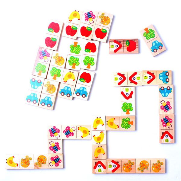 Bloc 28pcs Wooden Domino Fruit Animal Recognize Dominoes Games Jigsaw Montessori Children Learning Education Puzzle Baby Toy P230516