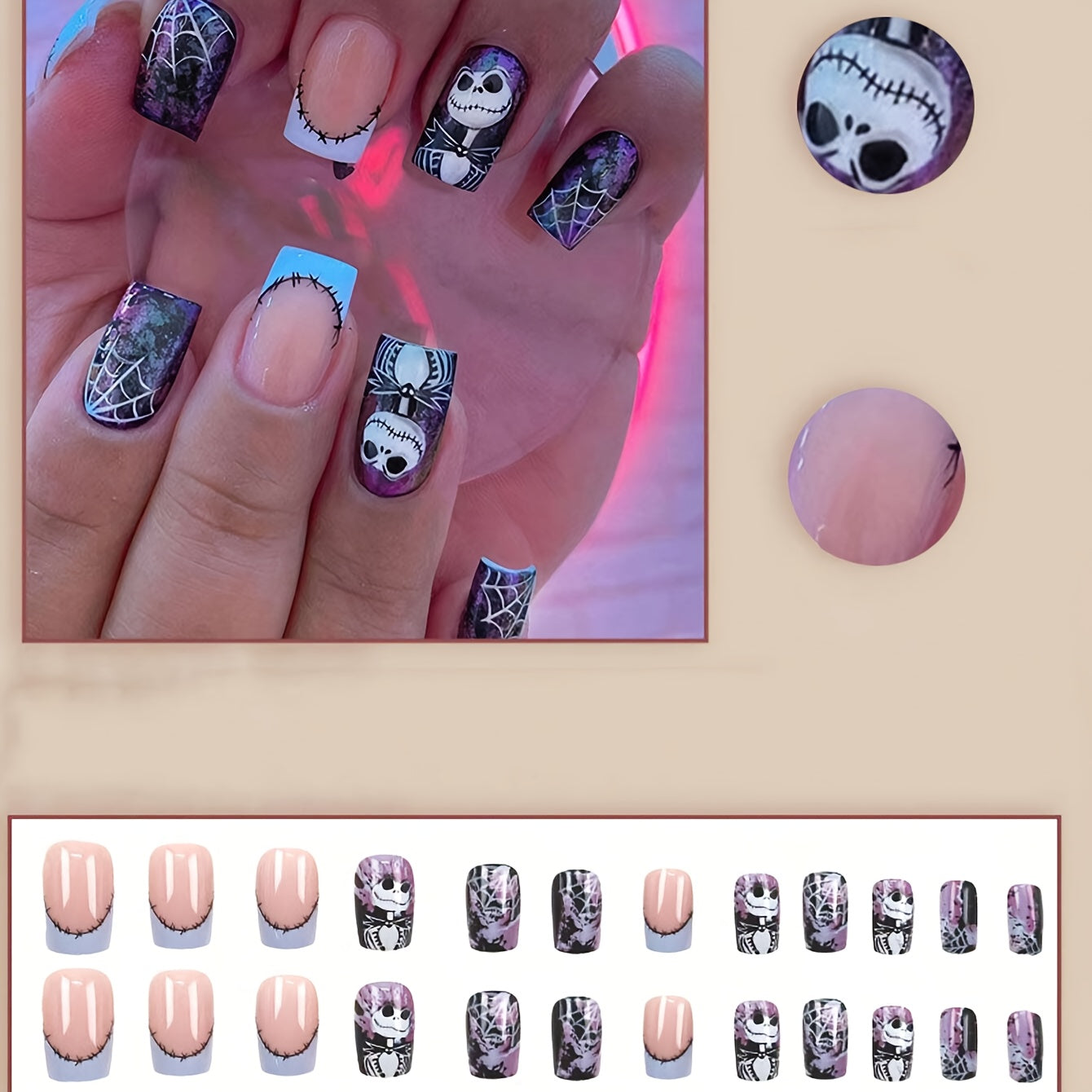 TEMU 24pcs Halloween-themed Nail Stickers - " Before Christmas" Inspired & Web Designs, Glossy Finish, Self-adhesive, Reusable, & Party Decorations,