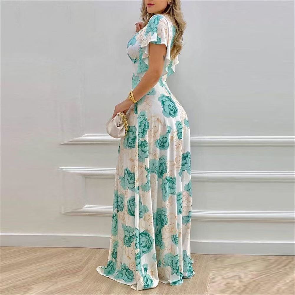 B48Women&#039;s Plus Size V-Neck Long Skirt with Print - Stylish Swing Dress