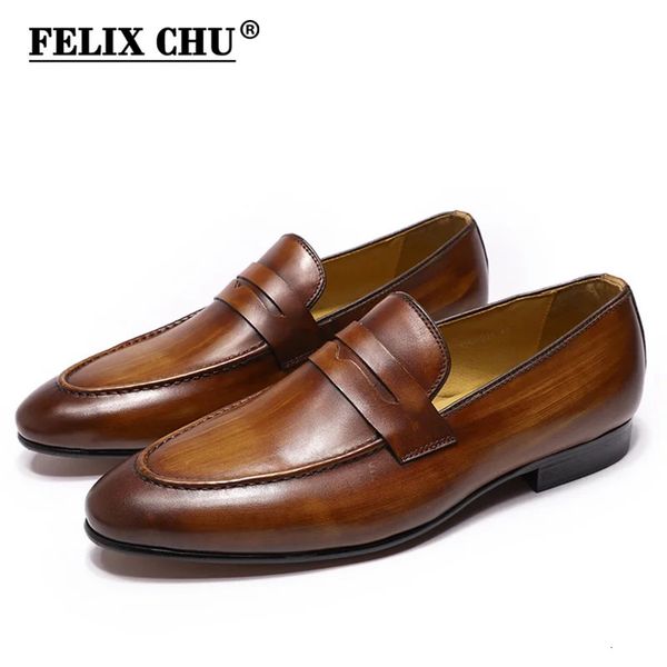 FELIX CHU Mens Penny Loafers Leather Shoes Genuine Leather Elegant Wedding Party Casual Dress Shoes Brown Black Shoes for Men 240703